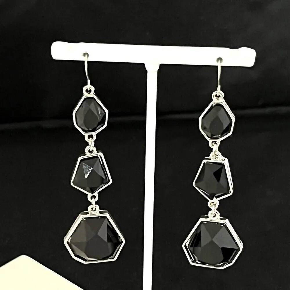New Boutique Earrings Silver Tone Black Faceted Stones Dangle Women's 1H